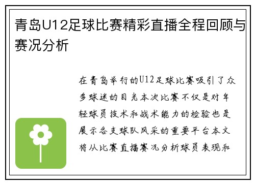 青岛U12足球比赛精彩直播全程回顾与赛况分析